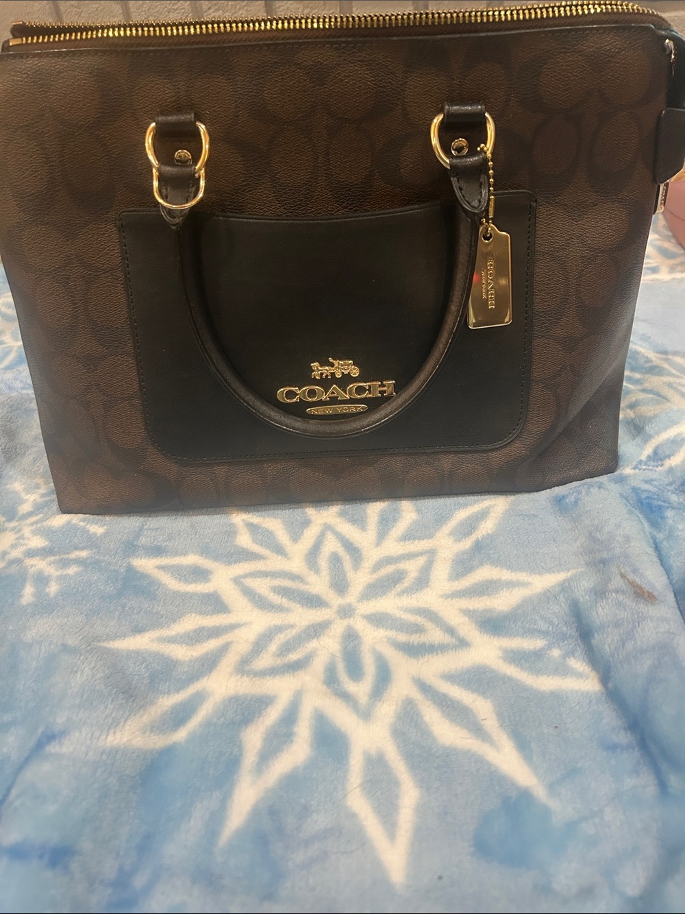 Coach Brown Signature Canvas Tote with Black Leather Trim